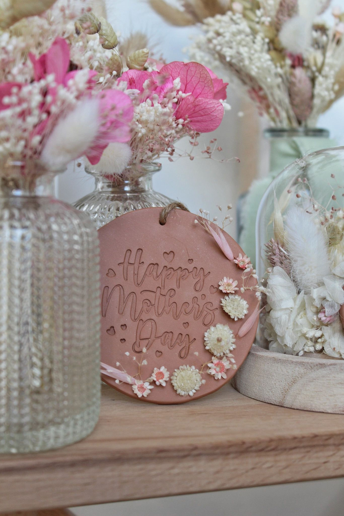 Ptite argile fleurie 'Happy Mother's Day' blanc/rose pastel