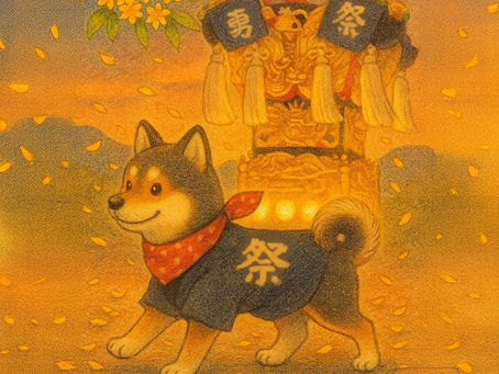 秋祭りの夕暮れ、青いハッピ姿の柴犬ケンシロウが金色の太鼓台の前を歩く。金木犀の花びらが舞う道、提灯の灯りに包まれた秋の風景。