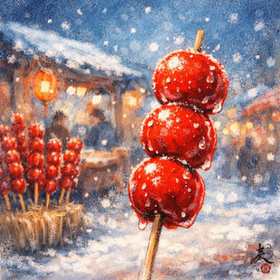 中国の冬の露店に並ぶ赤い糖葫芦(タンフールー)のイラスト。串に刺さった山楂子が飴で光る風景。