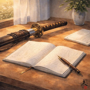 日本刀とノートが静かに置かれた机を描いた、絵本風水彩の扉絵。刀剣エッセイを1年ぶりに再開した時間を表している。