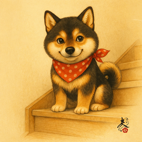 階段の上でこちらをうかがう柴犬ケンシロウ。聞こえないふりをしながら、いたずらっぽい目をしている。