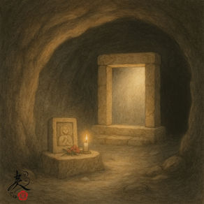 メキシコ・イスタクシワトルの洞窟に残された石の枠と小さな祭壇を描いた絵本タッチの扉絵。柔らかな光が祈りの場所を静かに照らしている。