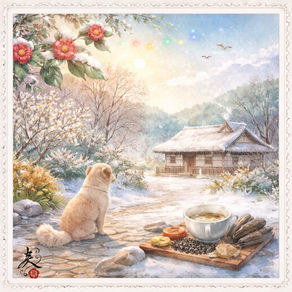 冬の雪景色の庭先で、温かい養生茶と五色の食材が並ぶ薬膳イメージの絵本風イラスト