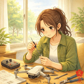 室内でドローンを前に立ち尽くす人物を描いた絵本タッチのイラスト。やわらかな色合いで、空を飛ばすはずが準備段階で試行錯誤している様子が表現されている。