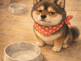 空のお皿の前で不満そうに見上げる柴犬のイラスト