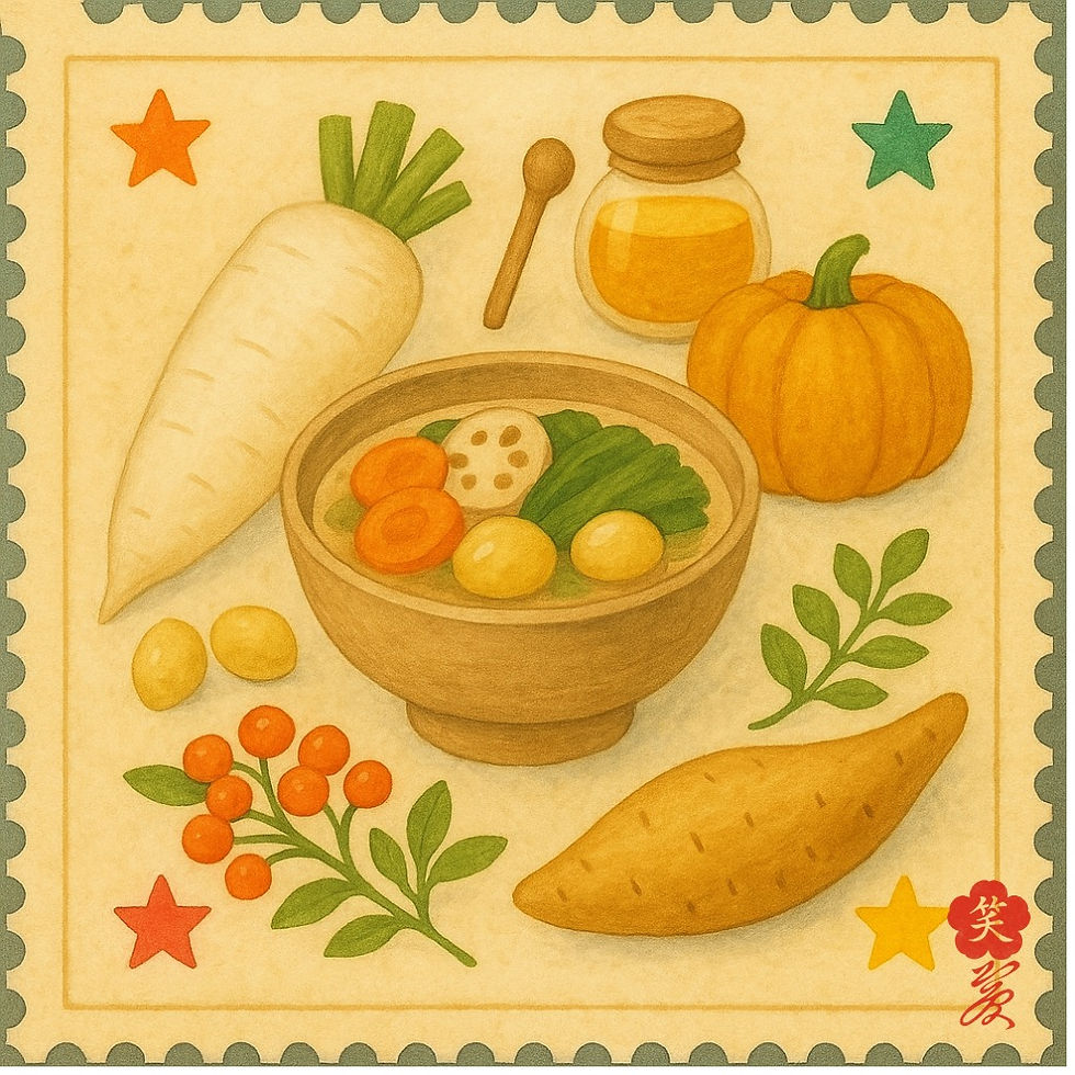 大根やかぼちゃ、蓮根、ぎんなんなど秋冬の養生食材と温かいスープを描いた、切手風フレームの絵本タッチ水彩イラスト