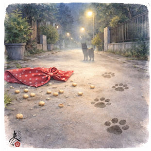 節分の夜の住宅街と豆を探す柴犬の足跡|ケンシロウ日誌