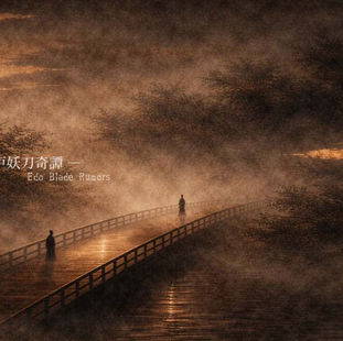 春雨の夜、橋の上に立つ侍と月光に濡れる日本刀を描いた、和紙風の幻想的なイラスト。