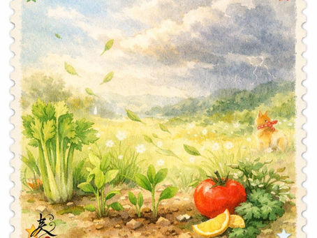 春の芽吹きと薬膳食材、柴犬の足跡の気配を描いた水彩風イラスト