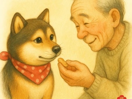 おじいちゃんの手からそっとおやつを受け取る柴犬ケンシロウ。  ふたりだけの“秘密の交友録”を描いた、やさしい絵本タッチのイラスト。