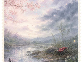 春の終わりの桜と雨、水たまりと湿った空気を描いた水彩イラスト