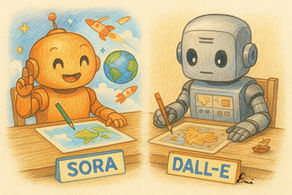 絵本風イラスト:SoraとDALL·Eが机で地図を描く様子。Soraは笑顔で冒険的、背景には地球とロケット。DALL·Eは真面目な表情で丁寧に地図を描いている。