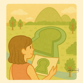 古代の前方後円墳の模型を背景に、好奇心に満ちた表情で話を聞く女性と考古学者風の男性が向き合っている様子。周囲には埴輪や古代の土器、地図などが散りばめられており、日本の古代史への関心と学びの雰囲気を表現している。