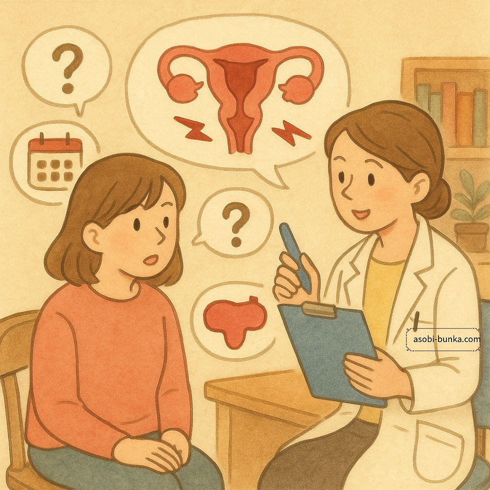 漢方と薬膳に関する知識を学ぶ女性が、月経痛や体質改善をテーマにしたノートを見つめながら、自然素材とともに向き合っている様子の絵本風イラスト