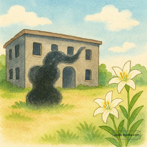 旧軍施設に漂うモヤと、祖母の四十九日を象徴する白い花を描いた絵本風のやさしいイラスト