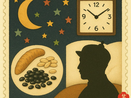 夜空に浮かぶ三日月と五色の星の下、黒豆・山芋・松の実を描いた絵皿、時計、皇帝風の人物シルエットを配置した絵本タッチの切手風イラスト。中医学の“腎”を象徴する黒色食材と、睡眠の大切さを暗示する構図。