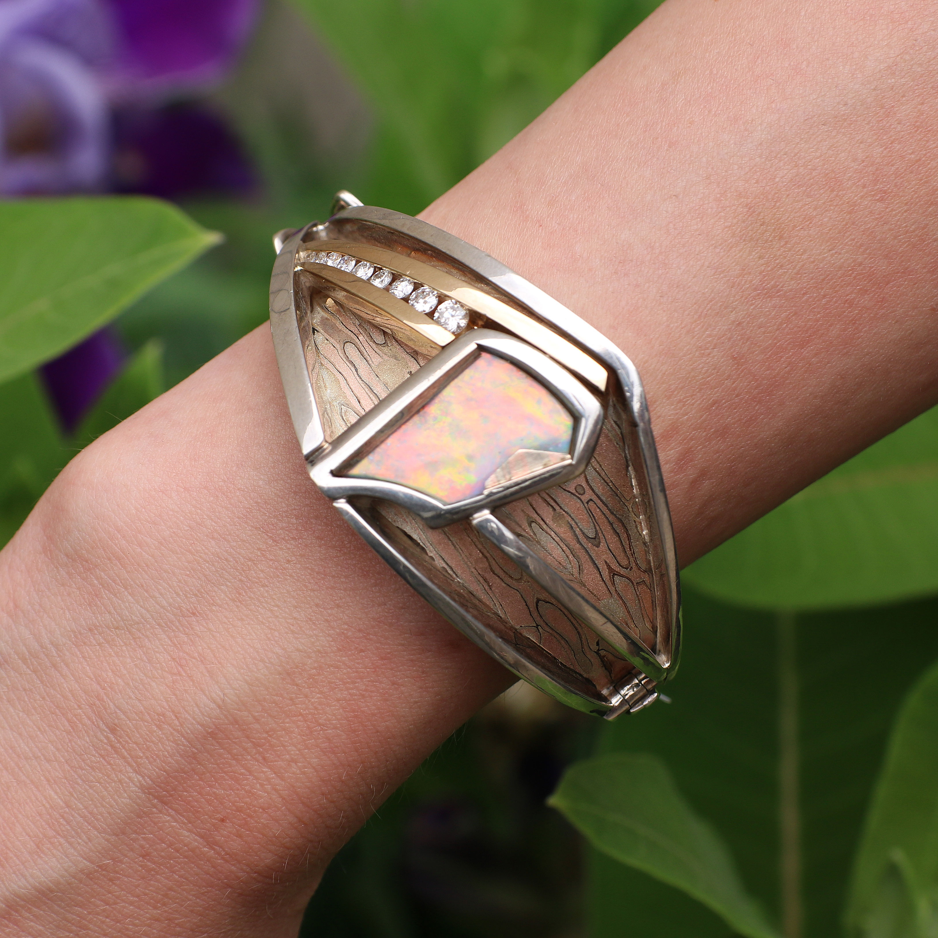 Mokume Gane Custom Made Bracelet with Fine Opal and Natural Diamonds