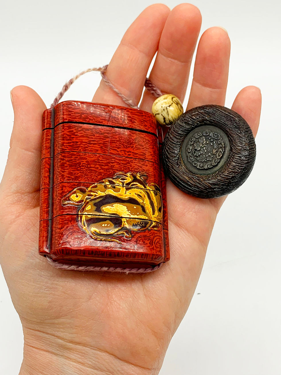 Thumbnail: Edo Japanese Red Lacquer Inro with Gilded Deer and Horn Netsuke