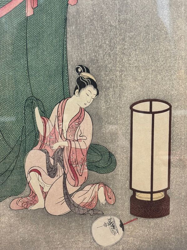 Japanese Framed Woodblock Print of Young Woman Reproduction 20th C.