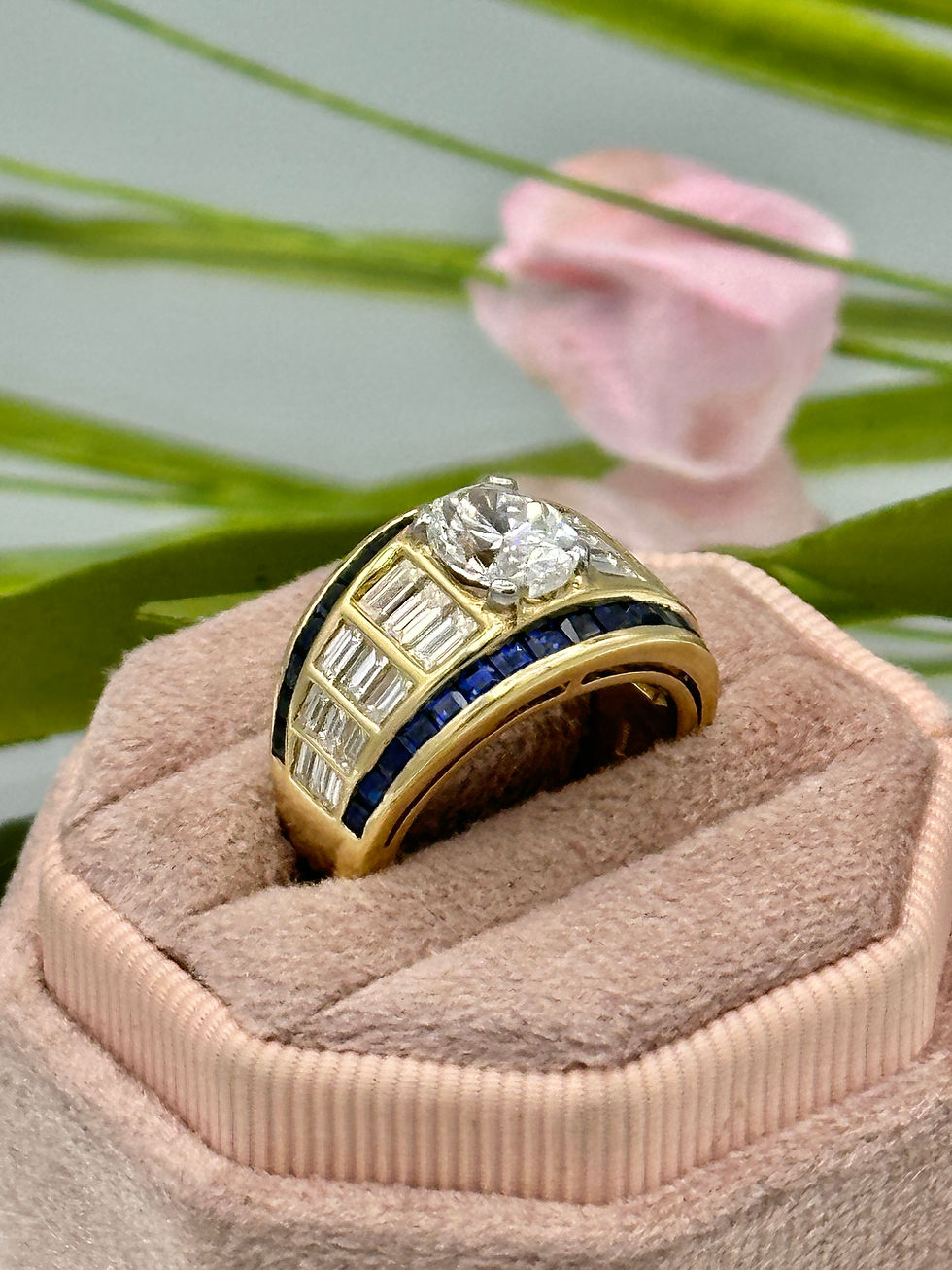 Thumbnail: 18K Yellow Gold 1.5 Ct oval Dia GIA cert. 1.80 ctw Dia 1.61 ctw Sapphire Ring