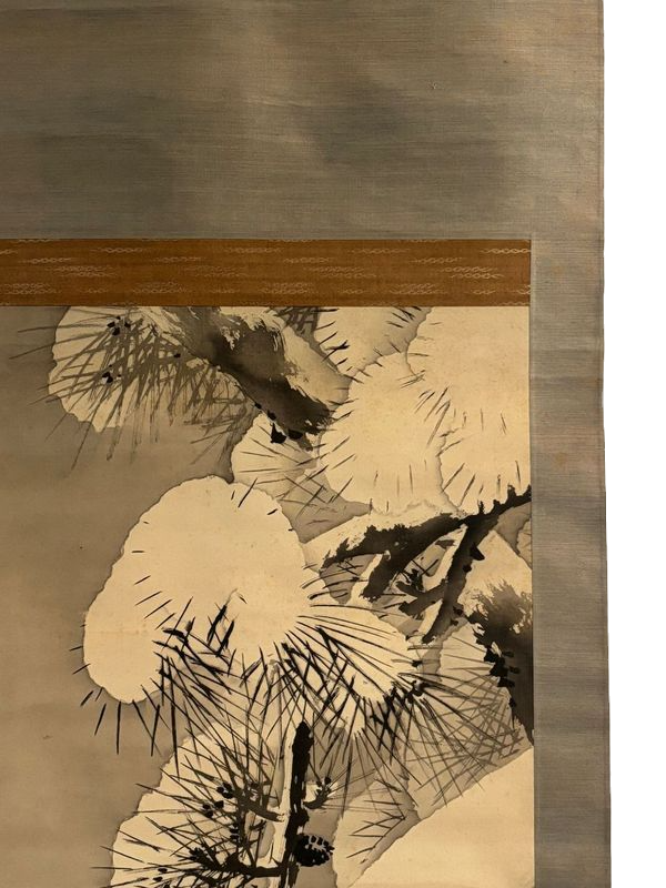 Thumbnail: Meiji Japanese Scroll Painting of Pine Boughs in the Snow