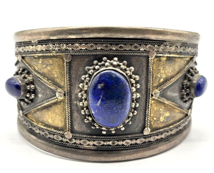 Afghan Tribal Silver Tone and Lapis Lazuli Cuff Bracelet
