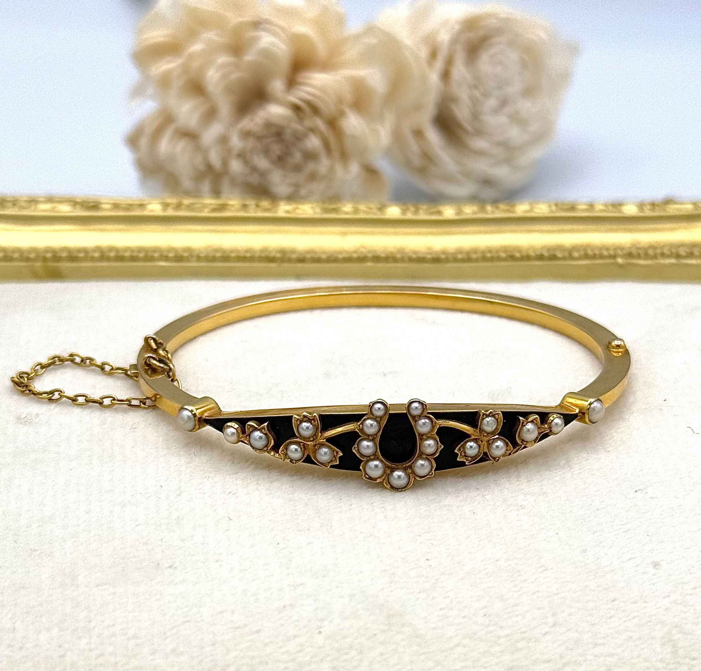 18 Karat Yellow Gold Enamel And Pearl Bangle