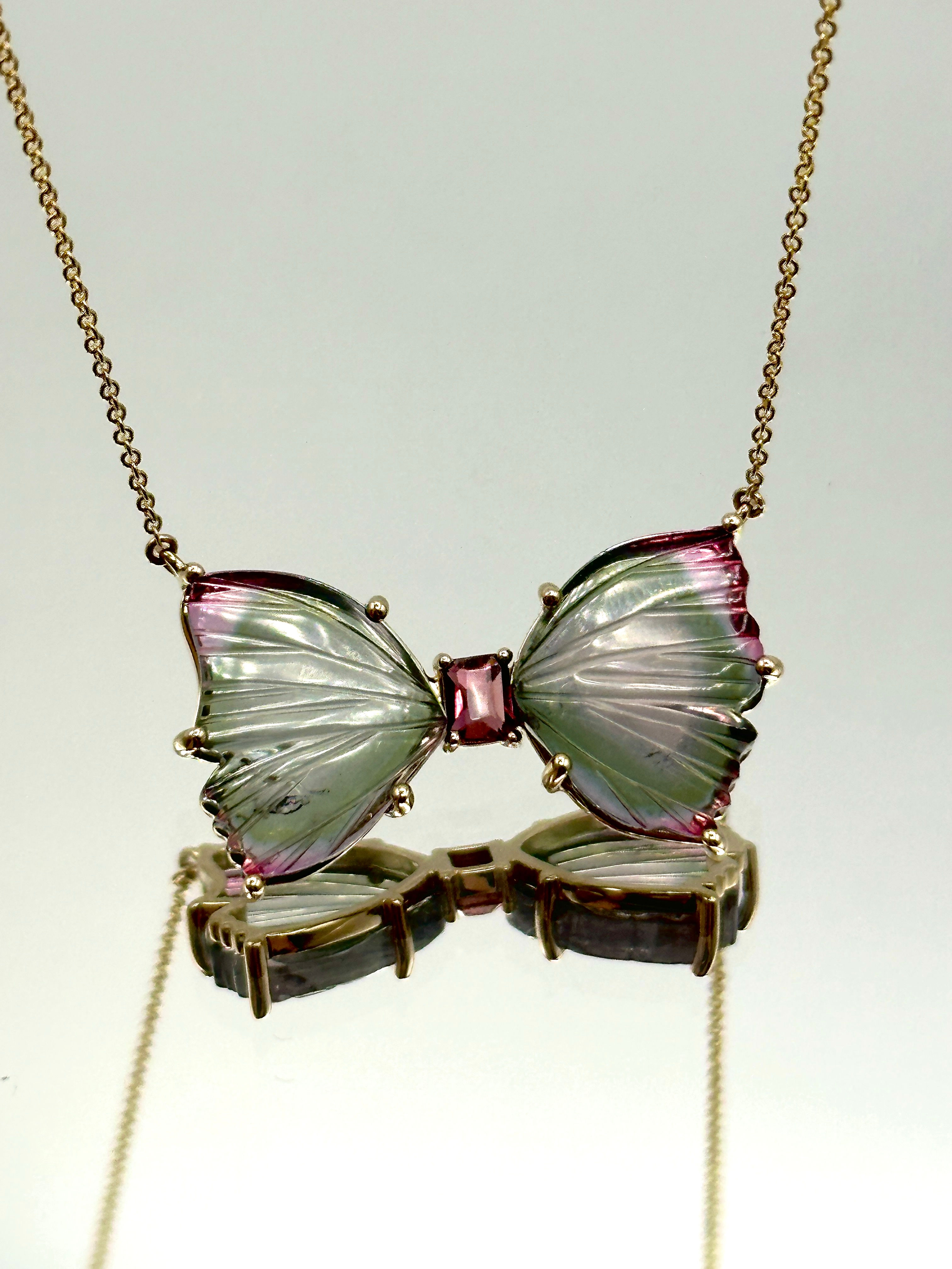 14k Yellow Gold 0.22ct Pink Tourmaline & Tourmaline Slices Butterfly Necklace