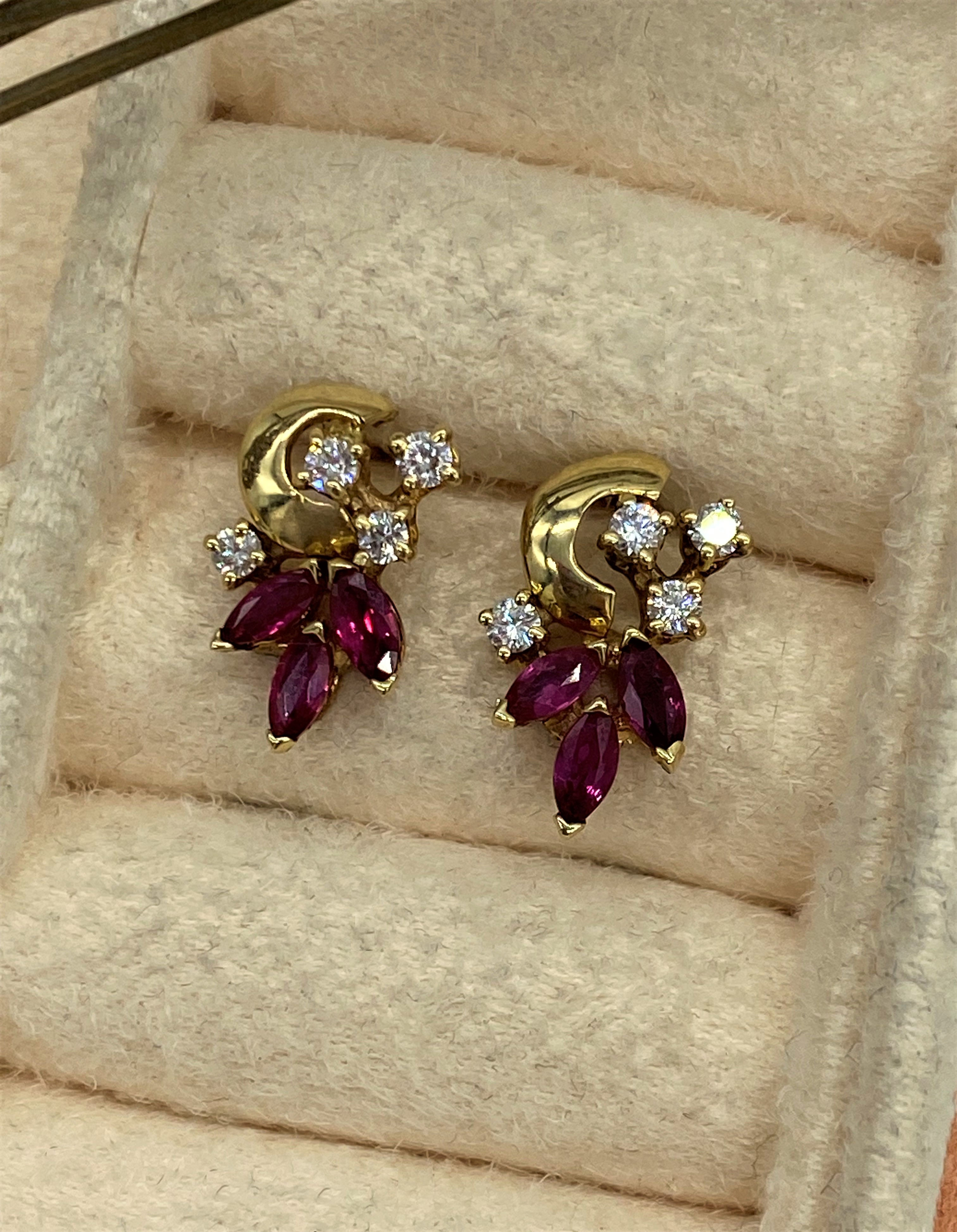 14 Karat Yellow Gold Ruby and .33 Carat Diamond Cluster Earrings