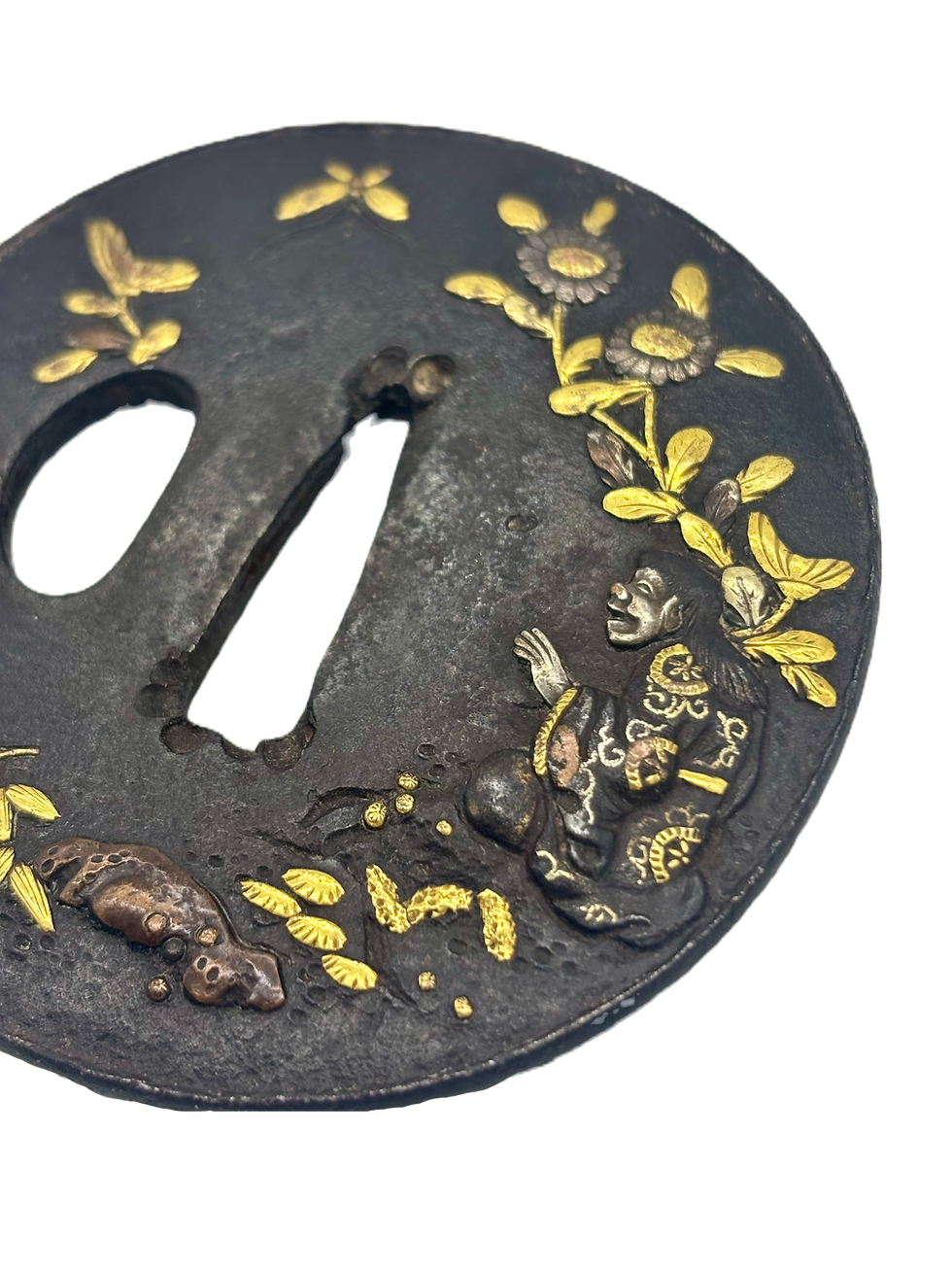 Thumbnail: Edo Period Tsuba Shakudo Gold Silver and Copper Inlay Landscape