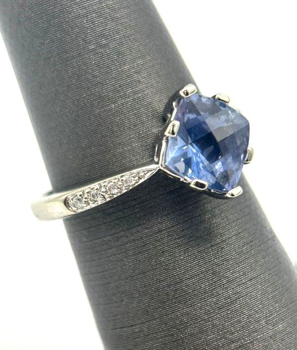 Thumbnail: 14KWG Checkerboard Cut Sapphire 2.07ct and Diamond Ring