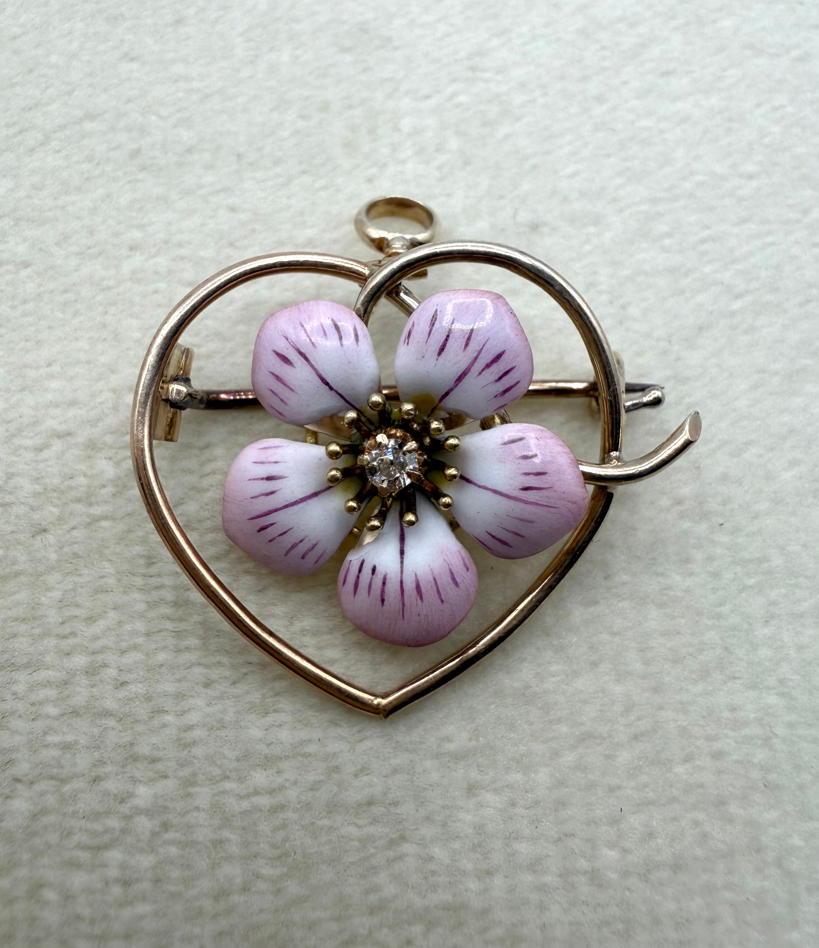 14 Karat Yellow Gold .06ct Diamond Flower Enamel Pin/Pendant