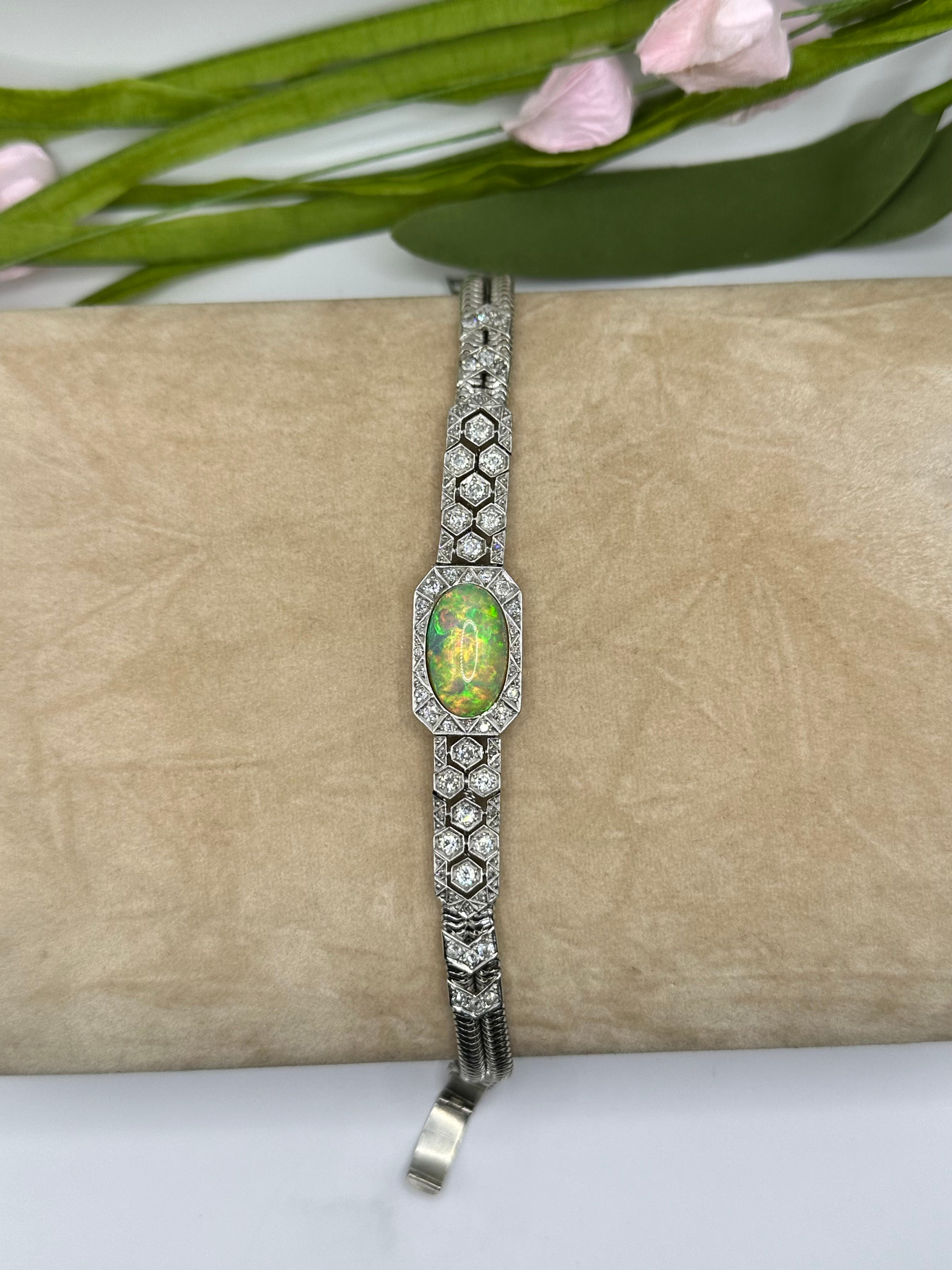 18 Karat White Gold 6.35 Carat Opal 1.83 Carat Total Weight Diamond Bracelet