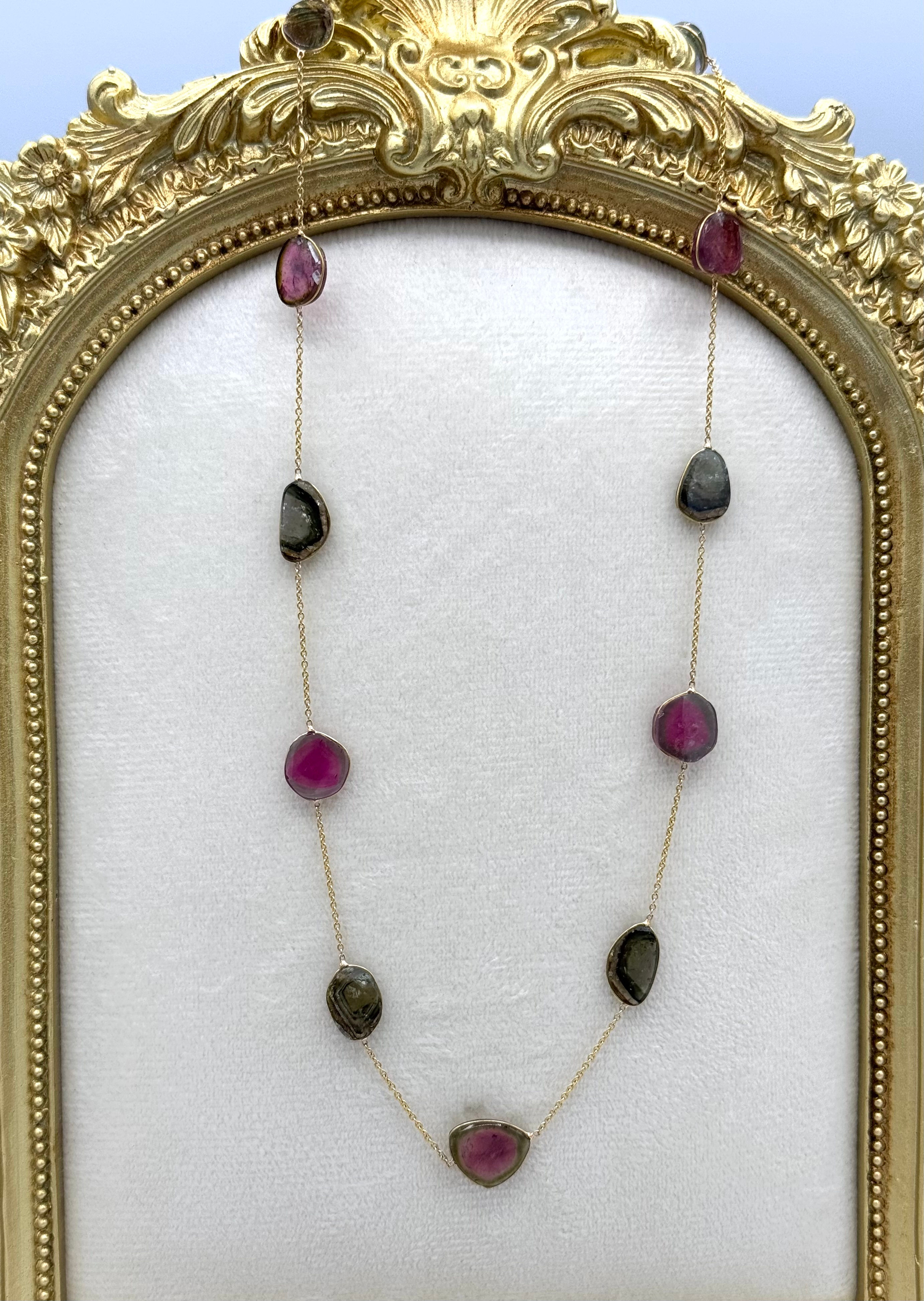 18 Karat Yellow Gold Watermelon Tourmaline Necklace