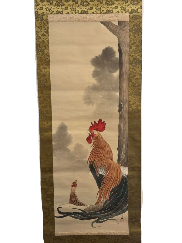 Thumbnail: Meiji Japanese Scroll Painting of Great Brown Phoenix Rooster and Hen