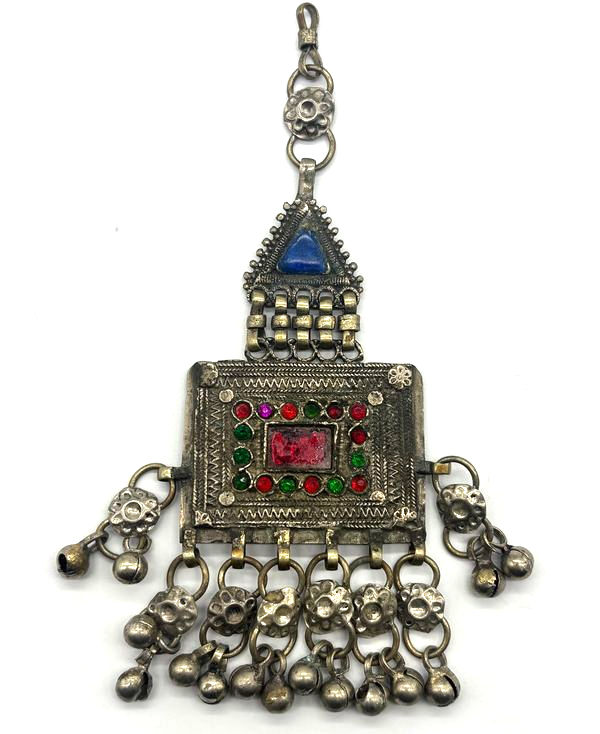 Afghan Eastern Kuchi Tribal Pendant w/ Bells Silver Tone + Glass 19th/20th C.