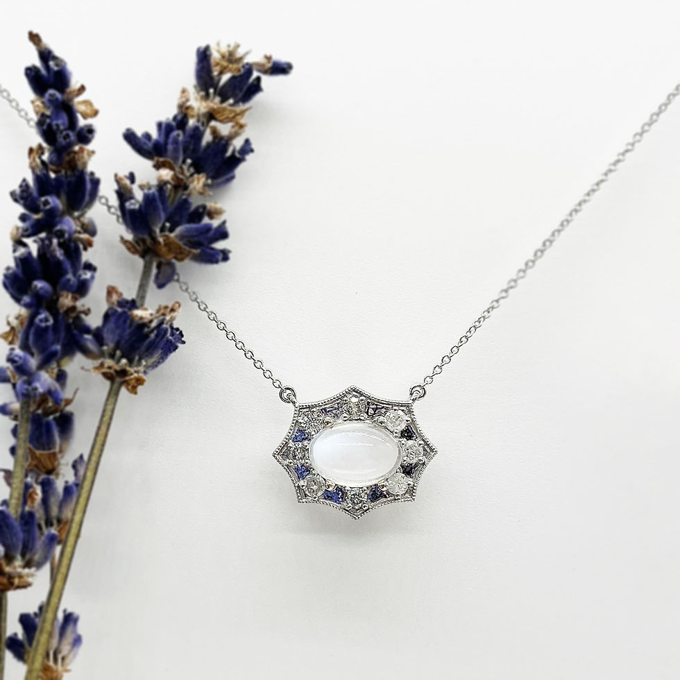 Thumbnail: Custom 14 Karat White Gold Moonstone and Salt & Pepper Diamond Necklace