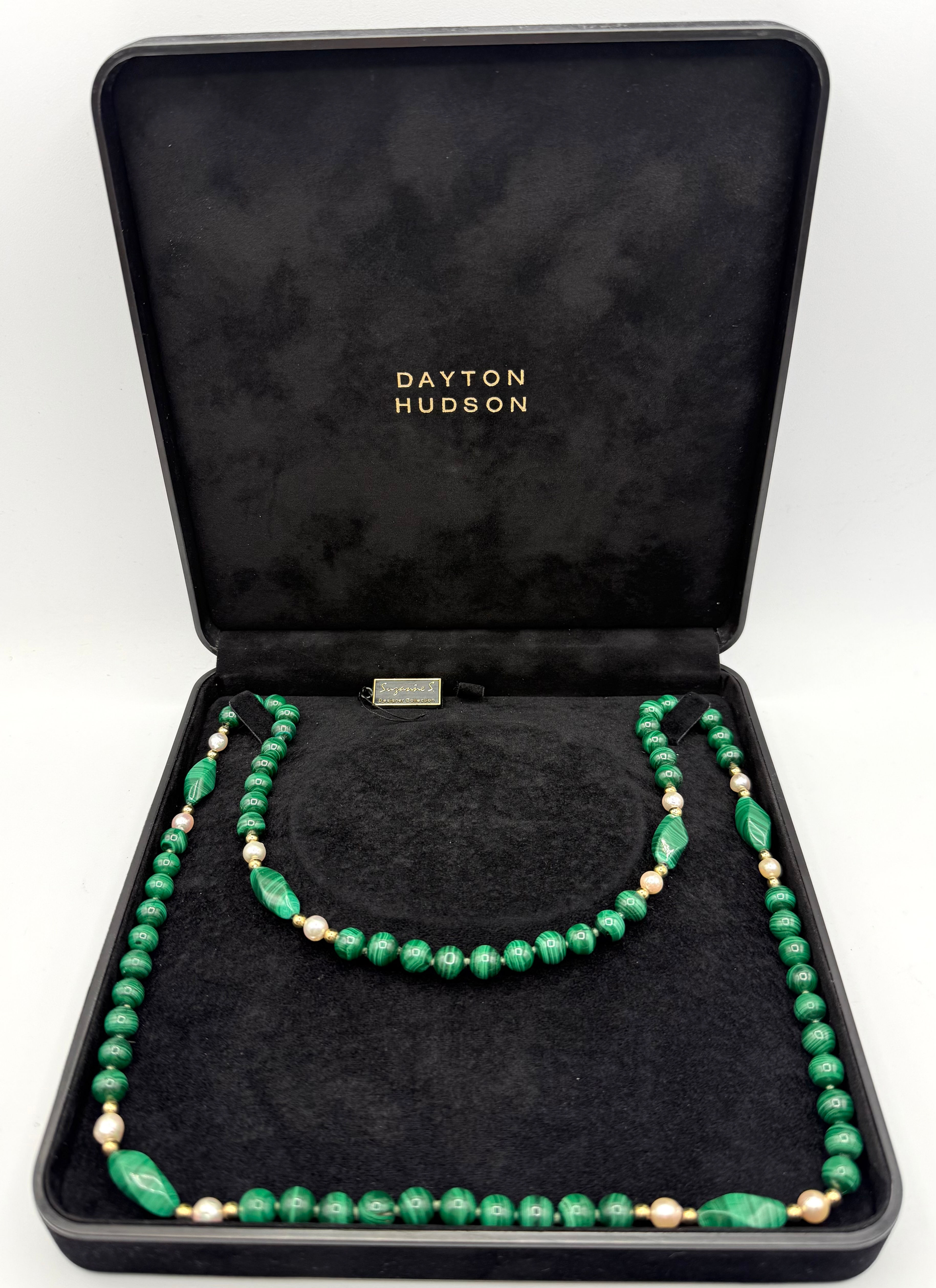 14 Karat Yellow Gold Malachite Beaded Necklace