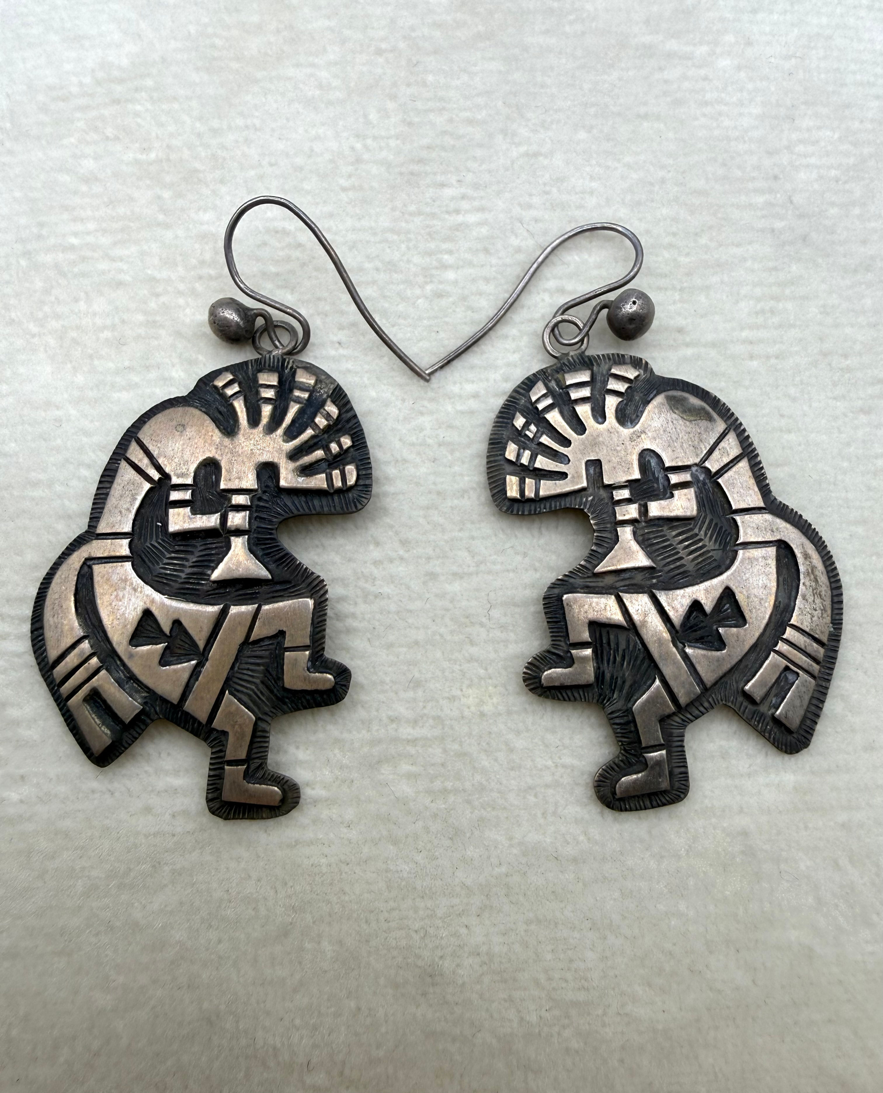 Sterling Silver Kokopelli Earrings Signed Hopi