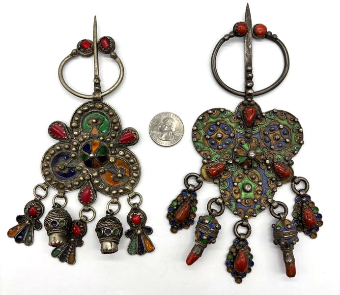 Thumbnail: 2 Algeria Amazigh (Berber) Enamel and Coral Tabzimt Fibulas 20th C.
