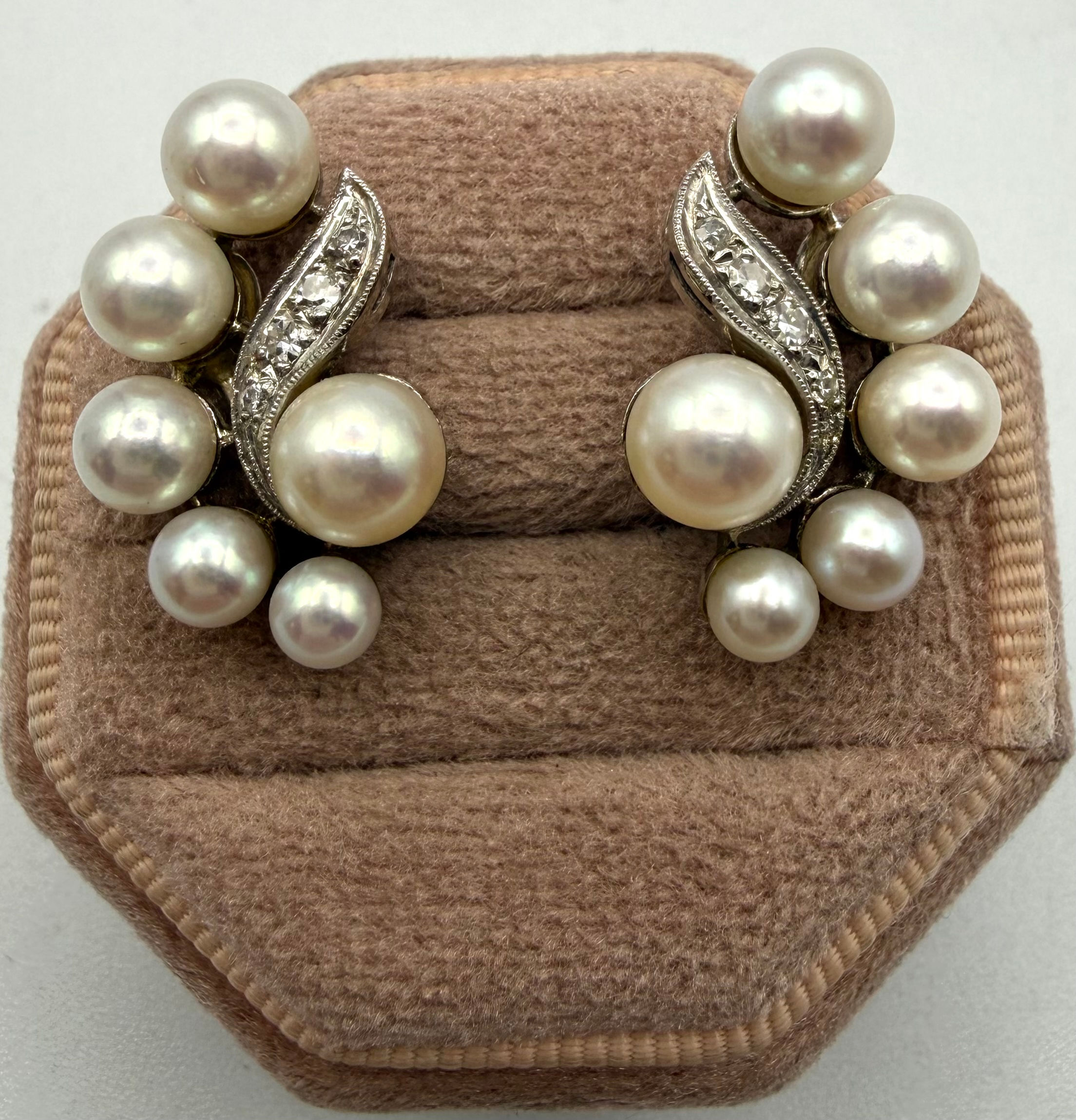 18 Karat White Gold Pearl & .15ctw Diamond Vintage Earrings