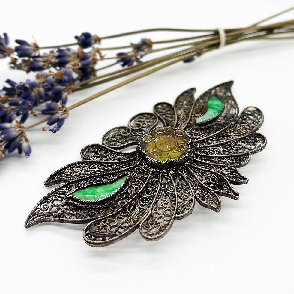 Thumbnail: Sterling Silver German Filigree Brooch with Tourmaline & Jade