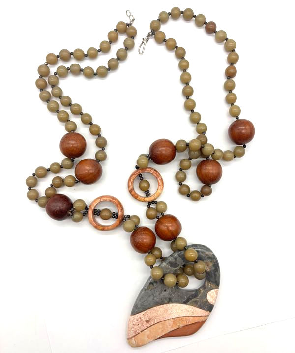 Thumbnail: Vintage Stone + Wood Beaded Necklace Geometric Inlay Pendant