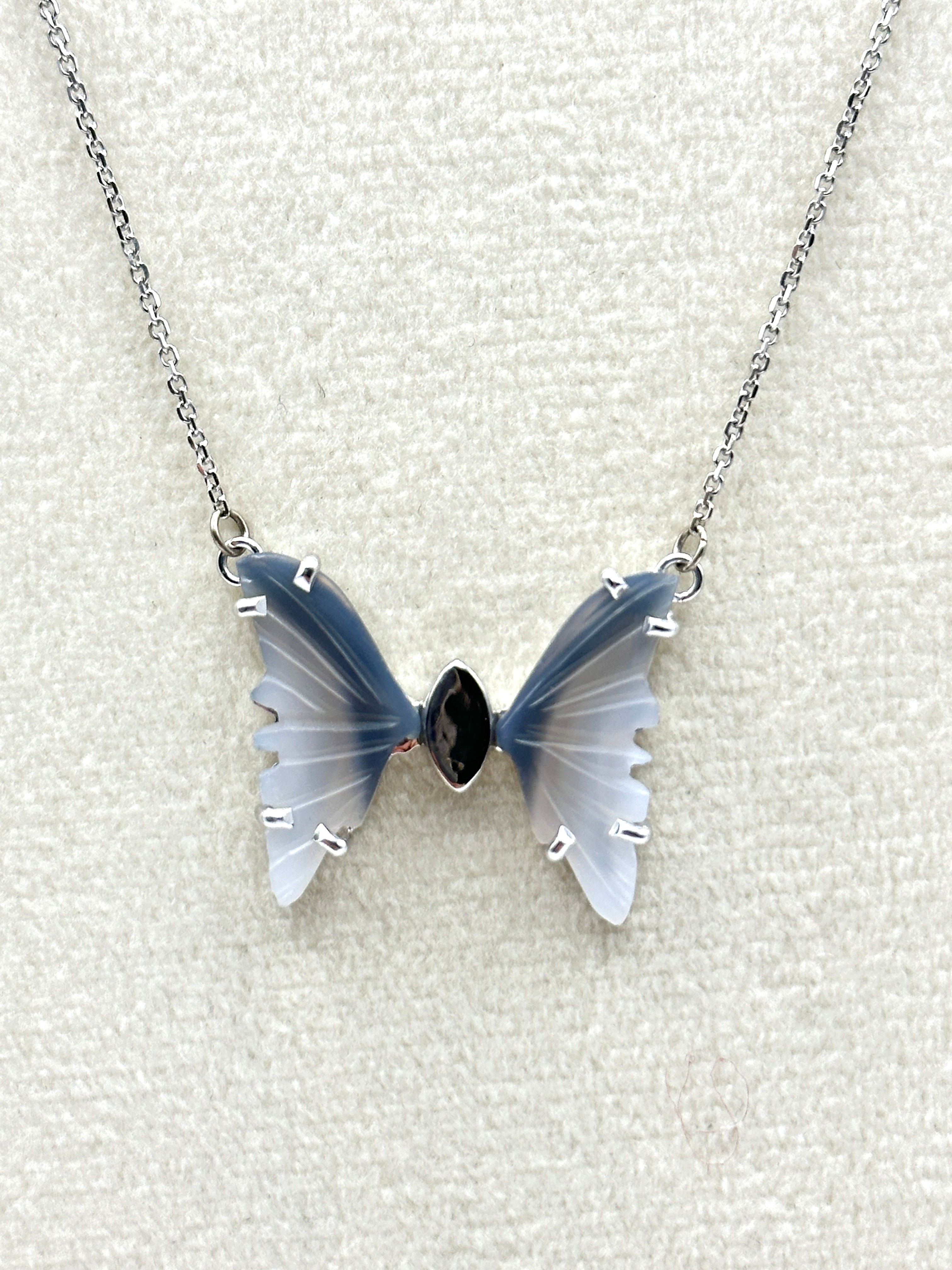 14k White Gold Agate Butterfly Necklace