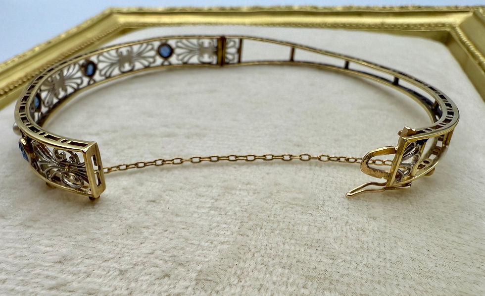 Thumbnail: 14 Karat Yellow+ White Gold Edwardian Pearl & Sapphire Bangle