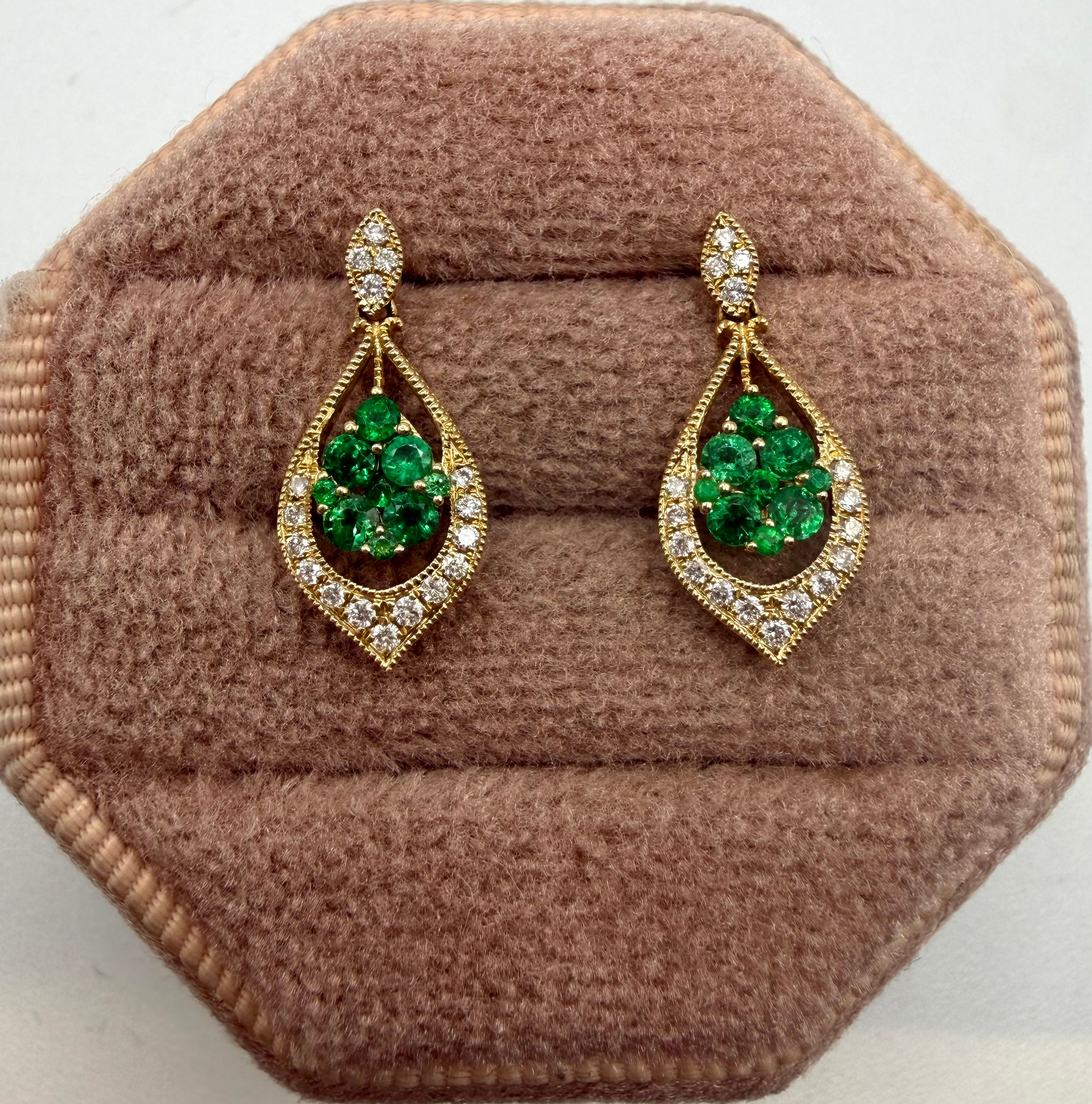 14 Karat Yellow Gold .30ctw Emerald & .13ctw Diamond Earrings