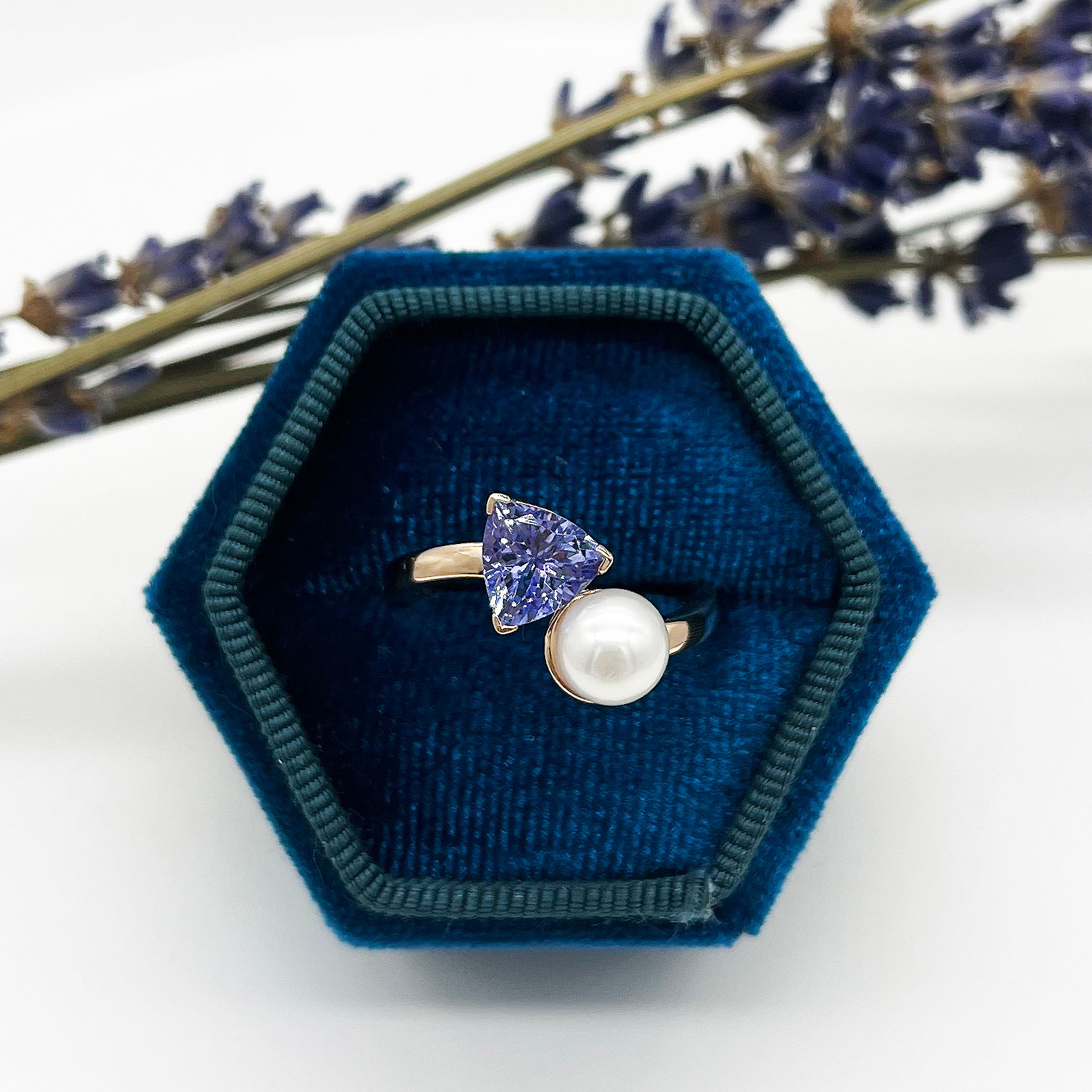 Custom 14 Karat Rose Gold Tanzanite & Pearl Bypass Ring