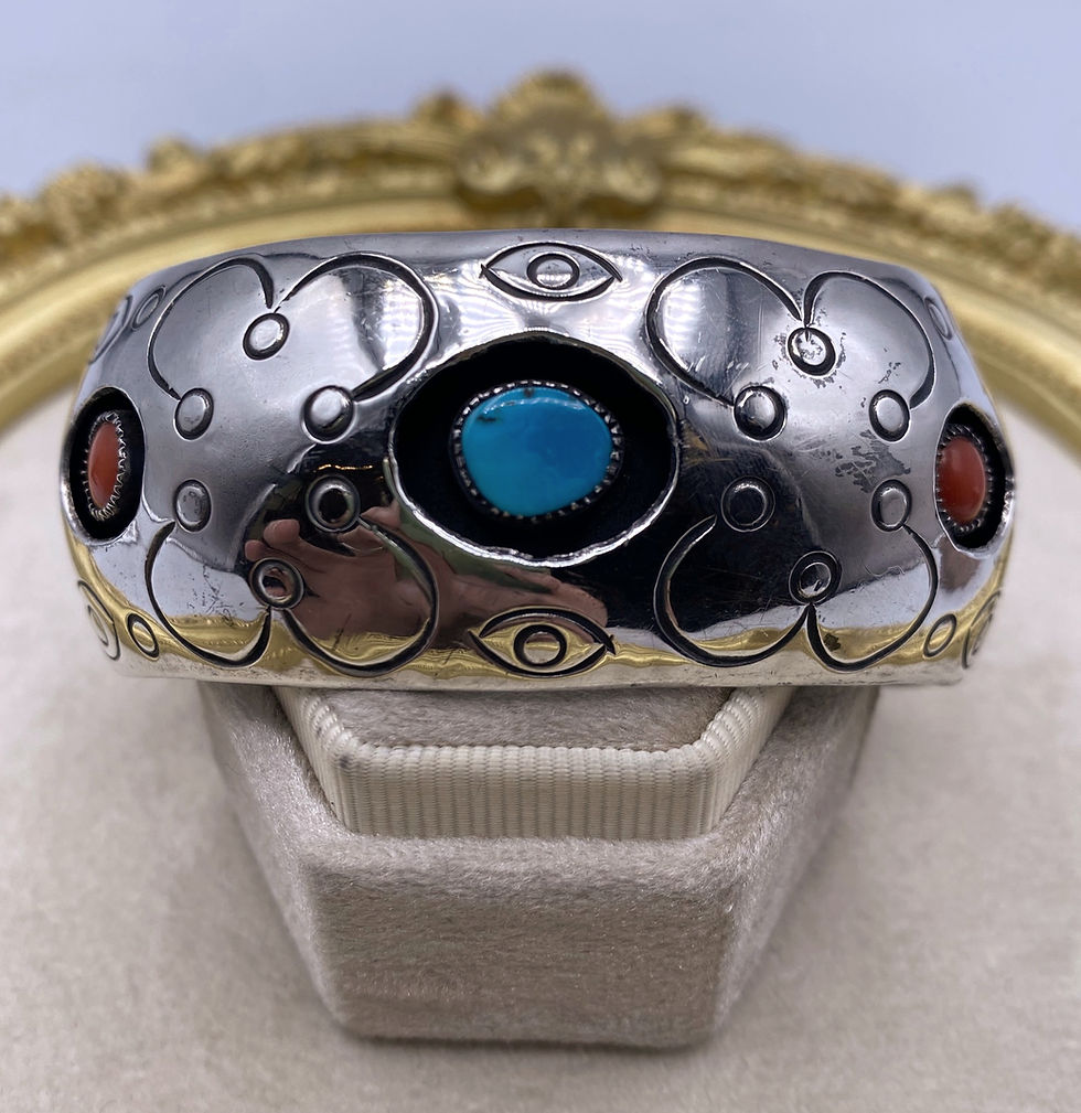 Thumbnail: Navajo Sterling Silver Cuff Bracelet w/ Turquoise + Coral