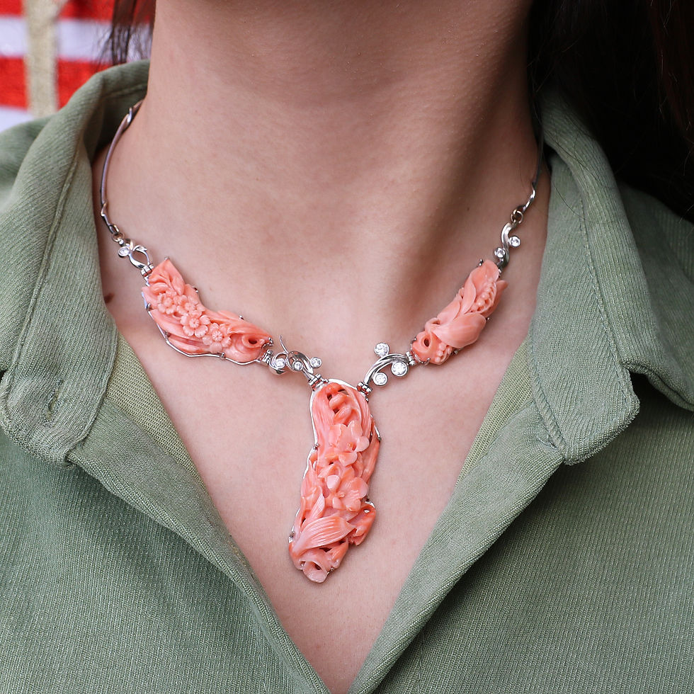 Thumbnail: 14 Karat White Gold Necklace with Coral and Diamond