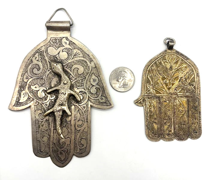 Thumbnail: 2 Antique Moroccan "Hamsa" Amulets/ Talisman Pendants Silver Plated + Brass